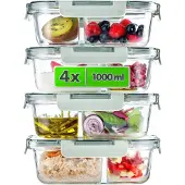 Kadax Glazen voedselcontainer met 2 compartimenten en deksel Roatta 1L 4 st.