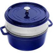 Staub braadpan - cocotte 26cm, 5,2L, blauw met stoominzet