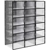 Songmics Set van 18 opvouwbare schoenendozen, Transparant + Zwart / M ( 33,3 X 23 X 14 cm )