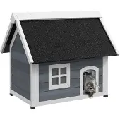 PawHut Katzenhaus Outdoor Katzenhöhle aus Holz, mit Aufklappbar Asphaltdach, Wetterfest Katzenhütte mit Fenster, 3 Türen, 77 x 57,5 x 68 cm, Grau