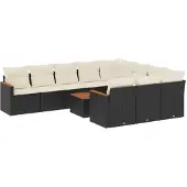 vidaXL 11-delige tuinmeubelset met kussens, zwart, polyrotan