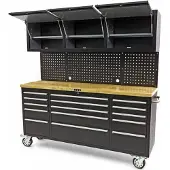 HBM werkbank 182 cm met 15 laden, kastenwand en achterwand, houten werkblad, zwart