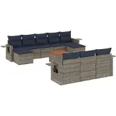 vidaXL 11-delige tuinbankset met kussens, grijs polyrotan