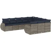 vidaXL 10-delige tuinbankset met kussens, grijs polyrotan