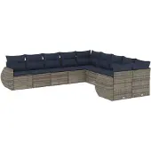 vidaXL 10-delige tuinbankset met kussens, grijs polyrotan
