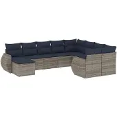 vidaXL 10-delige tuinbankset met kussens, grijs polyrotan