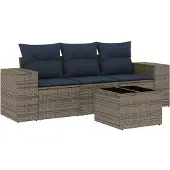 vidaXL 4-delige tuinbankset met kussens, grijs polyrotan