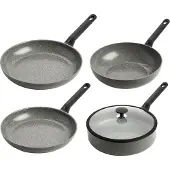 BK Granite Ceramic Pannenset 4‑delig - 28cm - 4.2L – PFAS-vrije antikleeflaag - Pannenset inductie - Keramische pan - Ovenbestendig tot 160°C – Hapjespan 28cm met deksel - Koudgrepen – Grijs