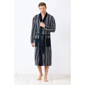 Hajo Blauw gestreepte badstof herenbadjas van | Maat 48