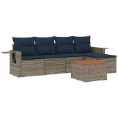 vidaXL 6-delige tuinbankset met kussens, grijs polyrotan