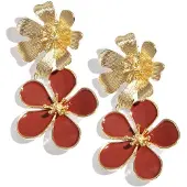 Yehwang Oorbellen 2 keer bloem Goud/Wine red