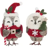 J-Line figuur Uil - polyester - bruin/kerstrood - 2 stuks