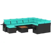 vidaXL 11-delige tuinbankset met kussens, zwart polyrotan