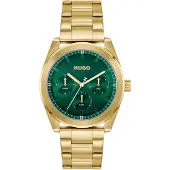 HUGO Goudkleurig horloge met groene wijzerplaat