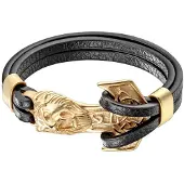 Mendes Leren armband Mannen Anker Leeuw Edelstaal Goudkleurig Zwart