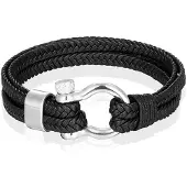 Mendes Nautische heren armband Leer Edelstaal Zwart Zilverkleurig - 19cm