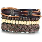 LGT JWLS Leren armbanden Set Bruin Houten Kralen