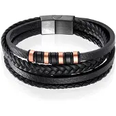 Mendes Leren heren armband Multi Edelstaal Zwart Rose - 18.5cm