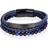 Memphis Heren armband Tijgeroog kraal gevlochten leer Zwart Blauw - 19cm