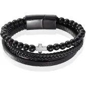 Memphis Heren armband Agaat kraal gevlochten leer Kruis Zwart - 21cm