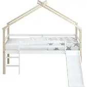 Sunny River Bedhuisje van Hout met Glijbaan in Bruin & Wit | Halfhoog Kinderbed / Halfhoogslaper Zonder Matras | 213x97cm | Voor Matrasmaat 90x200cm