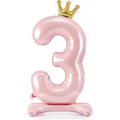 Party Deco Partydeco - Staande folieballon Cijfer 3 Licht roze met kroon 84 cm