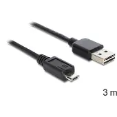 DeLOCK Micro USB naar Easy-USB-A kabel - USB2.0 - tot 2A / zwart - 3 meter