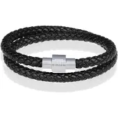Memphis leren wrap armband Zwart Zilver-22cm