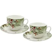Duo 2 Keramiek Mokken met Schotels KERSTBLADEREN