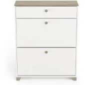 CALICOSY Schoenenkast met 2 neerklapbare deuren en 1 lade, eiken kronberg en wit decor -