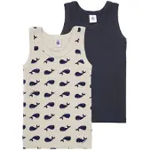 Petit Bateau Setje met 2 katoenen kinderhemdjes met walvisprint Jongens Onderhemd - Blauw + Beige/Blauw