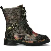 LAURA VITA Incaso 36 Zwarte Bloemen Dames Gothic Victoriaanse Leren Enkelhoge Laarzen