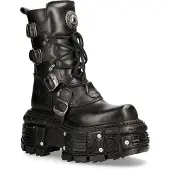 New rock unisex zwart lederen gevechtsplatformlaarzen - TANK373-S1