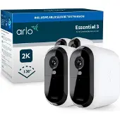 Arlo VMC3282-100EUS Draadloze wifi beveiligingscamera voor buiten Essential 3 2K XL, 2-camerapakket, 24 maanden batterijduur, Kleuren nachtzicht, Sirene en tweeweg-audio, Wit