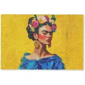 MuchoWow Deurmat 90x60 cm - Droogloopmat Frida Kahlo - Vrouw - Geel - Blauw - Bloemen - Mat voor binnen - Schoonloopmat - Deurmatten met print - Inloopmat