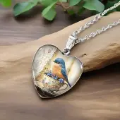 Yehwang Hanger hart vogel blauw geel - ketting en leren koord - zilverkleurig