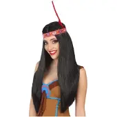 BigBuy party Verkleedpruik Indiaan Aylen voor dames - zwart - met band en veer - Carnaval - lang haar