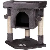 Lionto Kartonnen kraboom voor katten, 60 cm, met knus holletje, pluchen ballen en stevige sisalstengels, ruimtebesparend en modern, donkergrijs