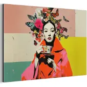MuchoWow Aluminium schilderij 60x40 cm - Wanddecoratie metaal - Retro - Vrouw - Kopje - Vlinders - Metalen muurdecoratie woonkamer - Decoratie industrieel - Foto op dibond - Industriële accessoires slaapkamer