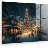 MuchoWow Glasschilderij 160x120 cm - Schilderij acrylglas - Kerstfeest - Dorp - Donker - Foto op glas - Muurdecoratie woonkamer - Wanddecoratie slaapkamer - Schilderijen