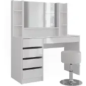 Vicco Kaptafel Sherry Wit/Wit Hoogglans 119.8 cm met spiegel en kruk, Model 57604