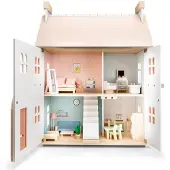 Woet Houten Poppenhuis - Compleet met 20 Poppenhuis Meubels - Pastelkleurig Roze Speelhuis voor Kinderen - Rollenspel Speelgoed - Vanaf 3 Jaar