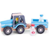 New Classic Toys Houten Tractor met Aanhanger - Inclusief 2 Melkbussen - Blauw - Educatief Speelvoertuig - Rollenspel Speelgoed - Vanaf 18 Maanden