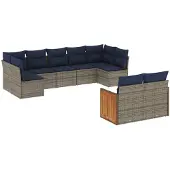 vidaXL 9-delige tuinbankset met kussens, grijs polyrotan