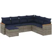 vidaXL 7-delige tuinbankset met kussens, grijs polyrotan