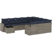 vidaXL 11-delige tuinbankset met kussens, grijs polyrotan