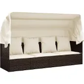 vidaXL Loungebed met luifel en kussens poly rattan bruin
