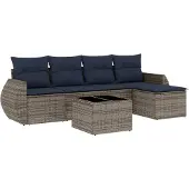 vidaXL 6-delige tuinbankset met kussens, grijs polyrotan