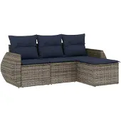vidaXL 4-delige tuinbankset met kussens, grijs polyrotan
