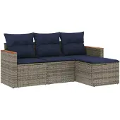 vidaXL 4-delige tuinbankset met kussens, grijs polyrotan